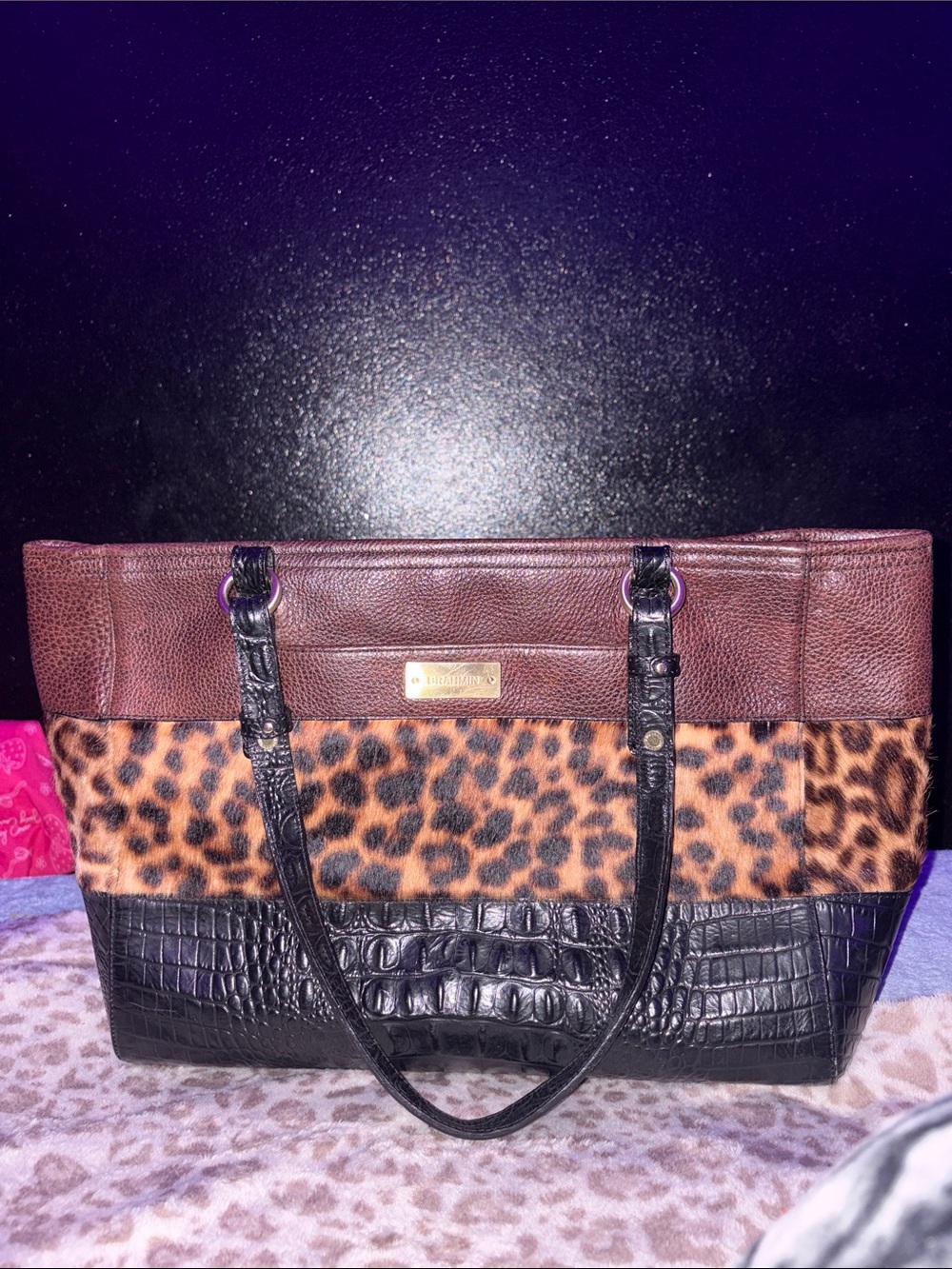 Brahmin Brown Leopard & Black Croc-Embossed Tote